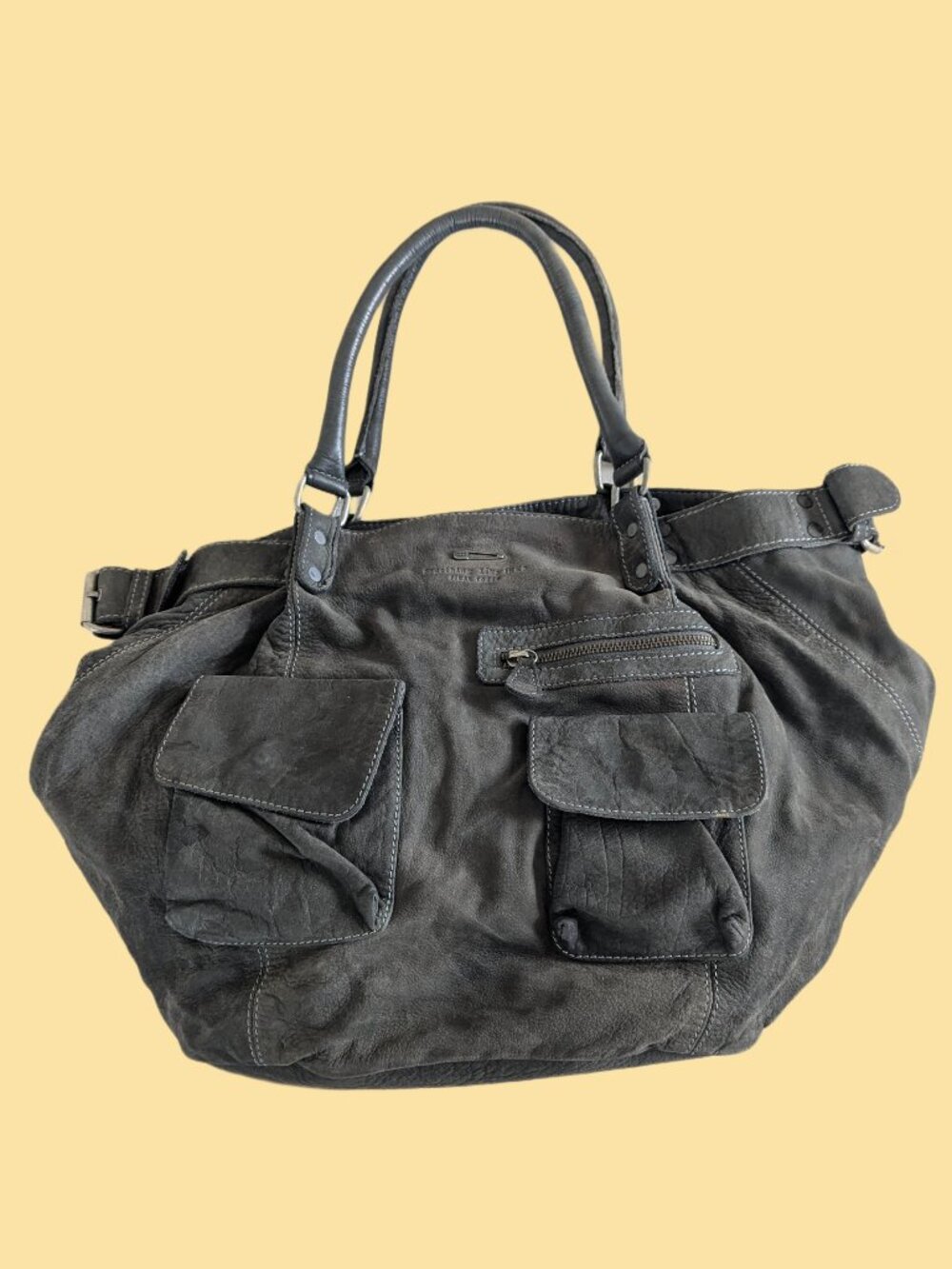 Dark Grey Suede Fisherman shoulder bag from IKKS, dual front press-stud pockets